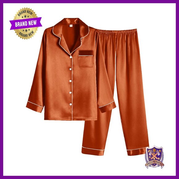 Satin Pajama Set Button Down Long Pjs Women's Sleepwear Lounge Wear